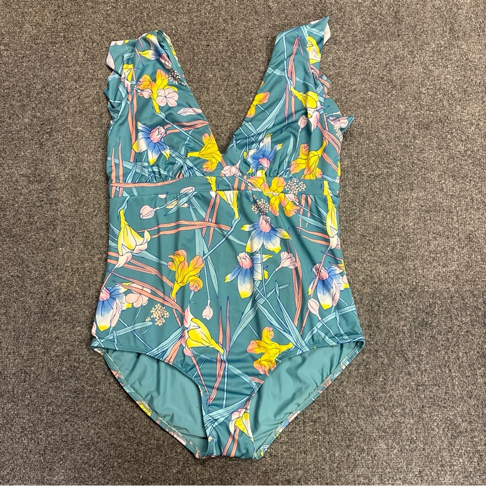 Modcloth Swimsuit One Piece Blue Pink Floral Flutter Cap Sleeve V Neck Size 1X